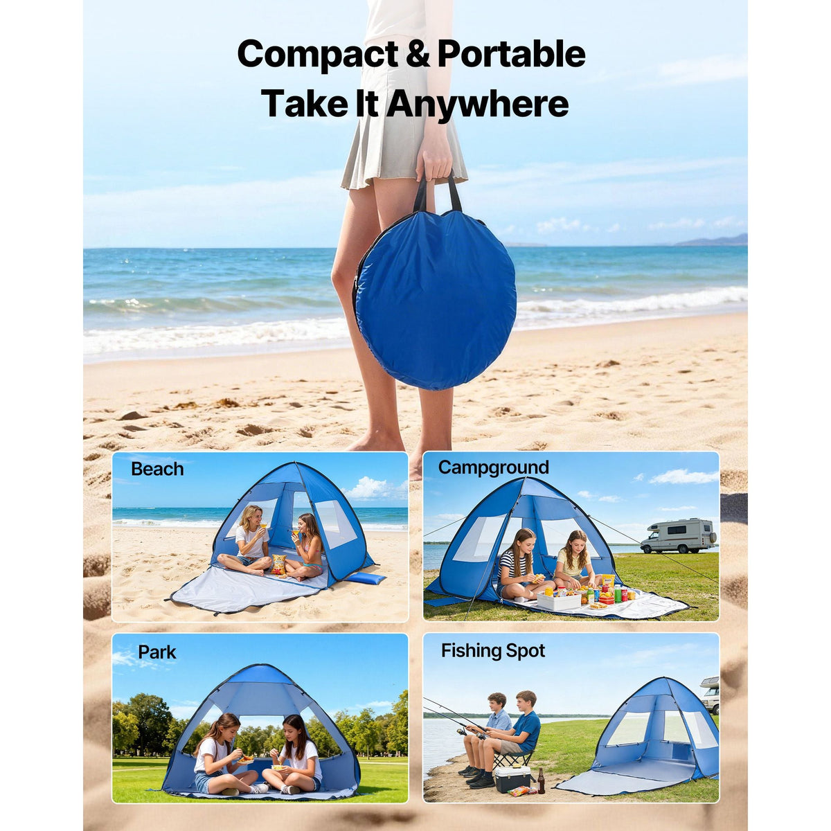 Beach Tent Sun Shelter for 2 Person, UPF 50+ Protection, Portable Sun Shade Canopy with Carrying Bag & Sand Pockets, Lightweight and Easy Setup Beach Umbrella for Camping Fishing Outdoor Picnic