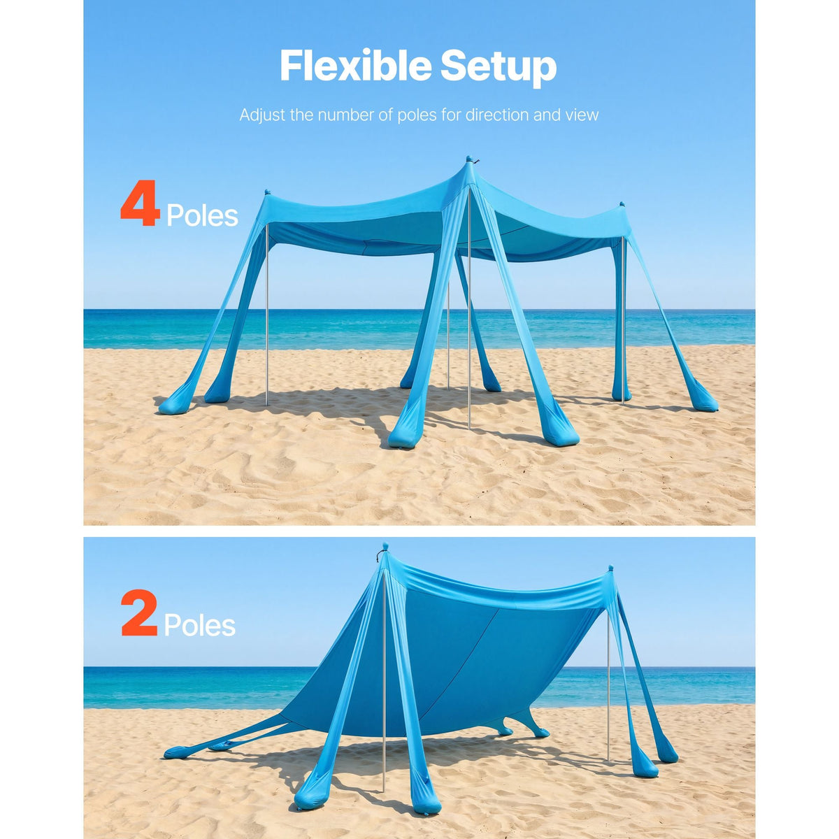 Beach Tent Sun Shelter, UPF50+ Sun Protection, 6.6 ft Tall, 10 x 10 ft, Easy Pop Up Beach Canopy with Sandbags, Stability Poles, Sand Shovels, Portable Shade for Family, Camping, Fishing, Blue