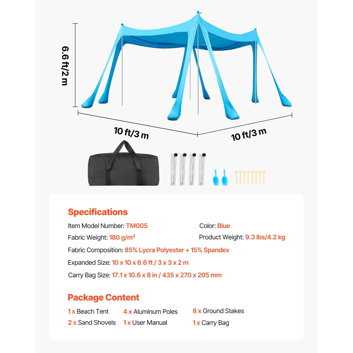 Beach Tent Sun Shelter, UPF50+ Sun Protection, 6.6 ft Tall, 10 x 10 ft, Easy Pop Up Beach Canopy with Sandbags, Stability Poles, Sand Shovels, Portable Shade for Family, Camping, Fishing, Blue