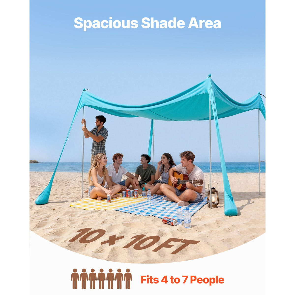 Beach Tent Sun Shelter, UPF50+ Sun Protection, 6.6 ft Tall, 10 x 10 ft, Easy Pop Up Beach Canopy with Sandbags, Stability Poles, Sand Shovels, Portable Shade for Family Outings, Camping, Fishing