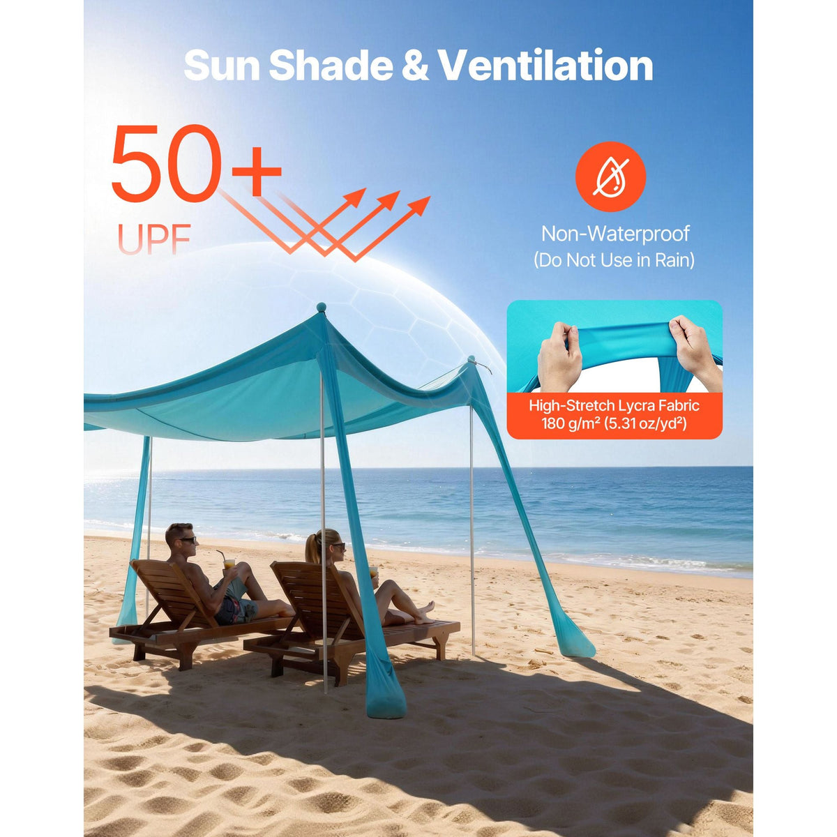 Beach Tent Sun Shelter, UPF50+ Sun Protection, 6.6 ft Tall, 10 x 10 ft, Easy Pop Up Beach Canopy with Sandbags, Stability Poles, Sand Shovels, Portable Shade for Family Outings, Camping, Fishing
