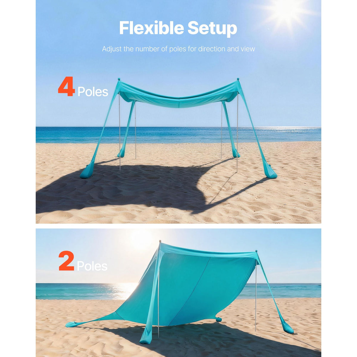 Beach Tent Sun Shelter, UPF50+ Sun Protection, 6.6 ft Tall, 10 x 10 ft, Easy Pop Up Beach Canopy with Sandbags, Stability Poles, Sand Shovels, Portable Shade for Family Outings, Camping, Fishing