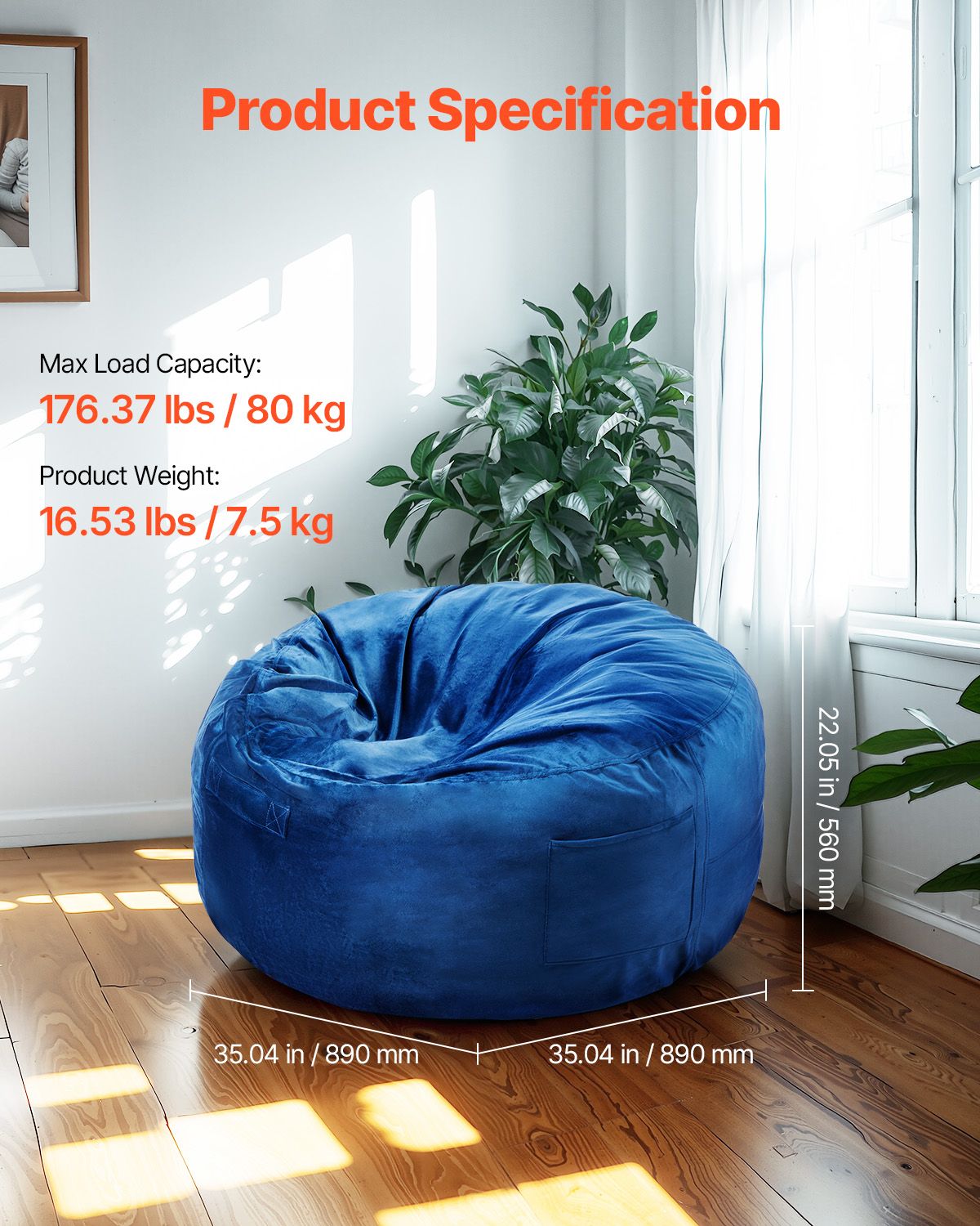 Bean Bag Chair, 3 feet Round Bean Bag Chair with Removable and Washable Cover, 25D Memory Foam Filled with Soft and Smooth Dutch Velvet, Bean Bag for Bedroom or Playroom, Blue