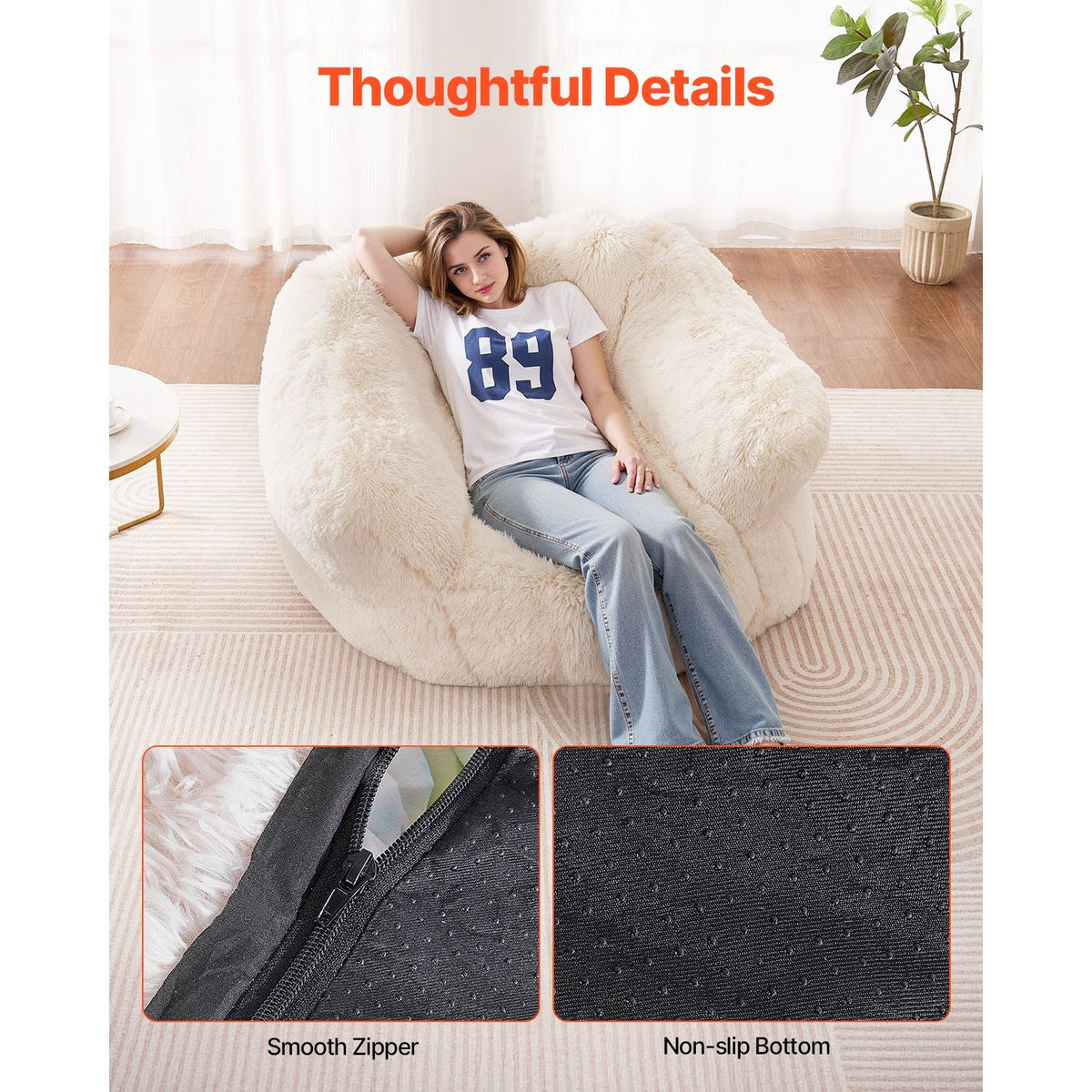 Bean Bag Chair, BeanBag Sofa Chair with Armrests for Adults, Fluffy Plush & High-Density Foam Filling Adult Bean Bag with Zapper, Comfy Lazy Sofa Chair Ideal for Living Room, Bedroom, Beige