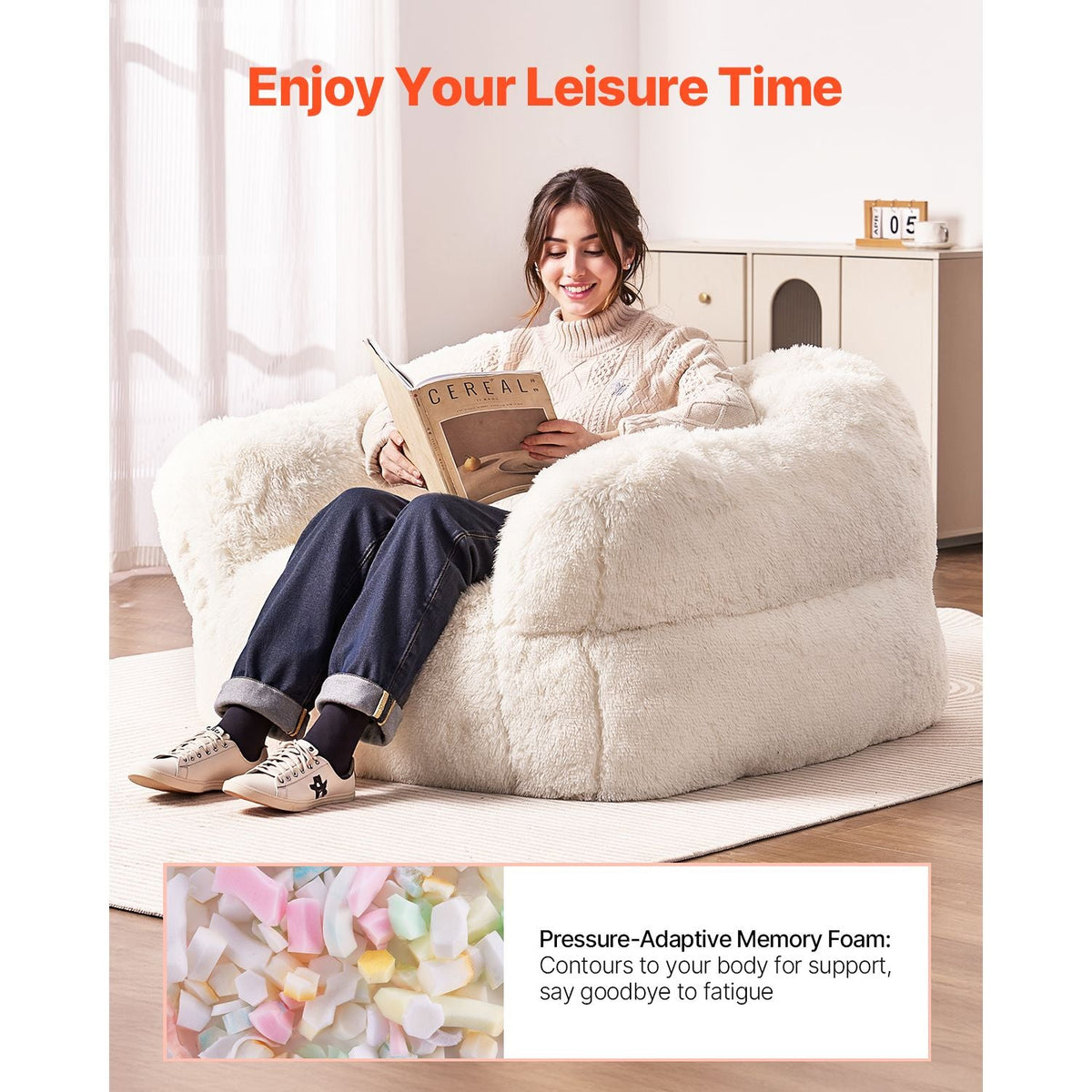 Bean Bag Chair, BeanBag Sofa Chair with Armrests for Adults, Fluffy Plush & High-Density Foam Filling Adult Bean Bag with Zapper, Comfy Lazy Sofa Chair Ideal for Living Room, Bedroom, Beige