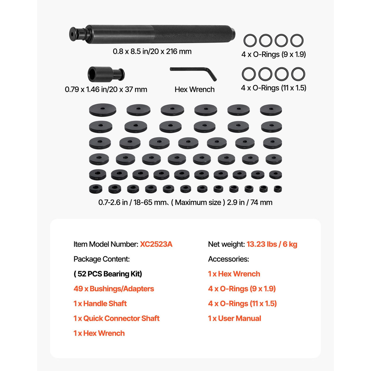 Bearing Press Kit, 52 Pcs, Bearing Race and Seal Driver Set with 49 Bushings and Handle Shaft, Bushing Driver Tool Set, Heavy Duty Carbon Steel Removal Installation Tool Kit with Storage Case