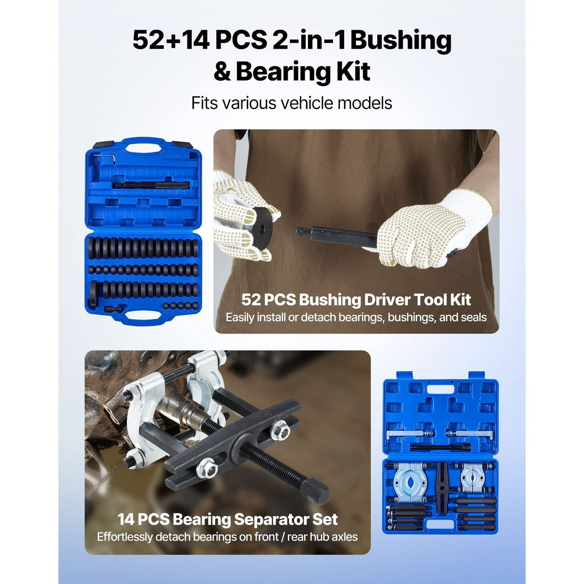 Bearing Press Kit, 52+14 Pcs, 2 in 1 Bushing Driver Tool & Bearing Press Kit, Race and Seal Driver Set with 49 Bushings, Separators and Jaws, Heavy Duty Removal Installation Tool Set with Case