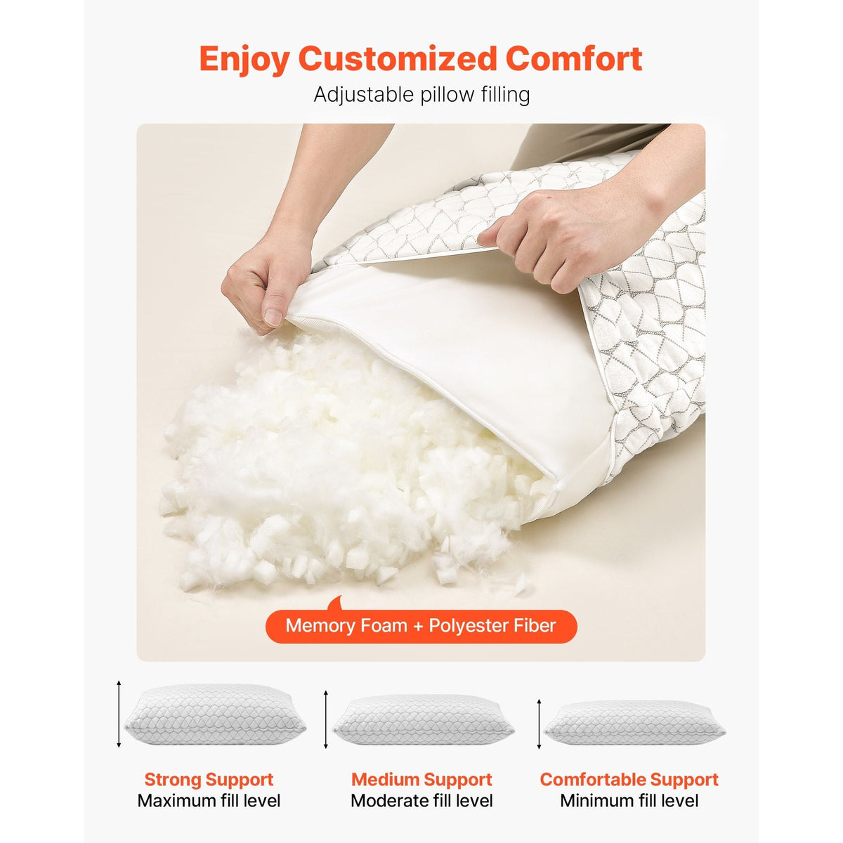 Bed Pillow for Sleeping, Queen Size Luxury Quality Hotel Pillow with Memory Foam Fill, Supportive & Adjustable, Includes Natural Firber Pillowcase, Bedding for Back, Stomach and Side Sleepers