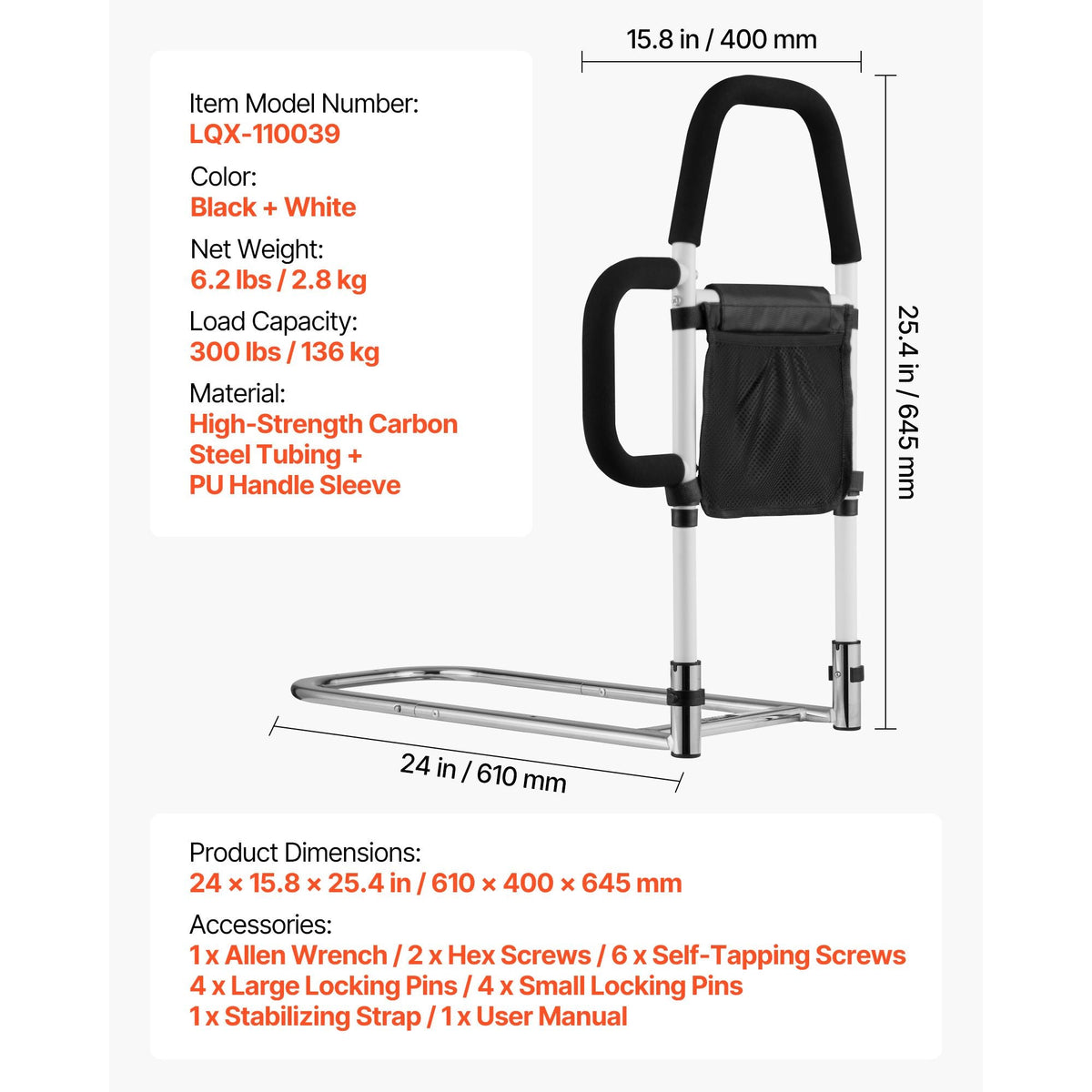 Bed Rail for Elderly, Bedside Assist Rails with Side Handle and PU Handrail, Adjustable Height Carbon Steel Pipe Bedside Cane, Bed Bars for Seniors & Patients, Fits King, Queen, Full, Twin