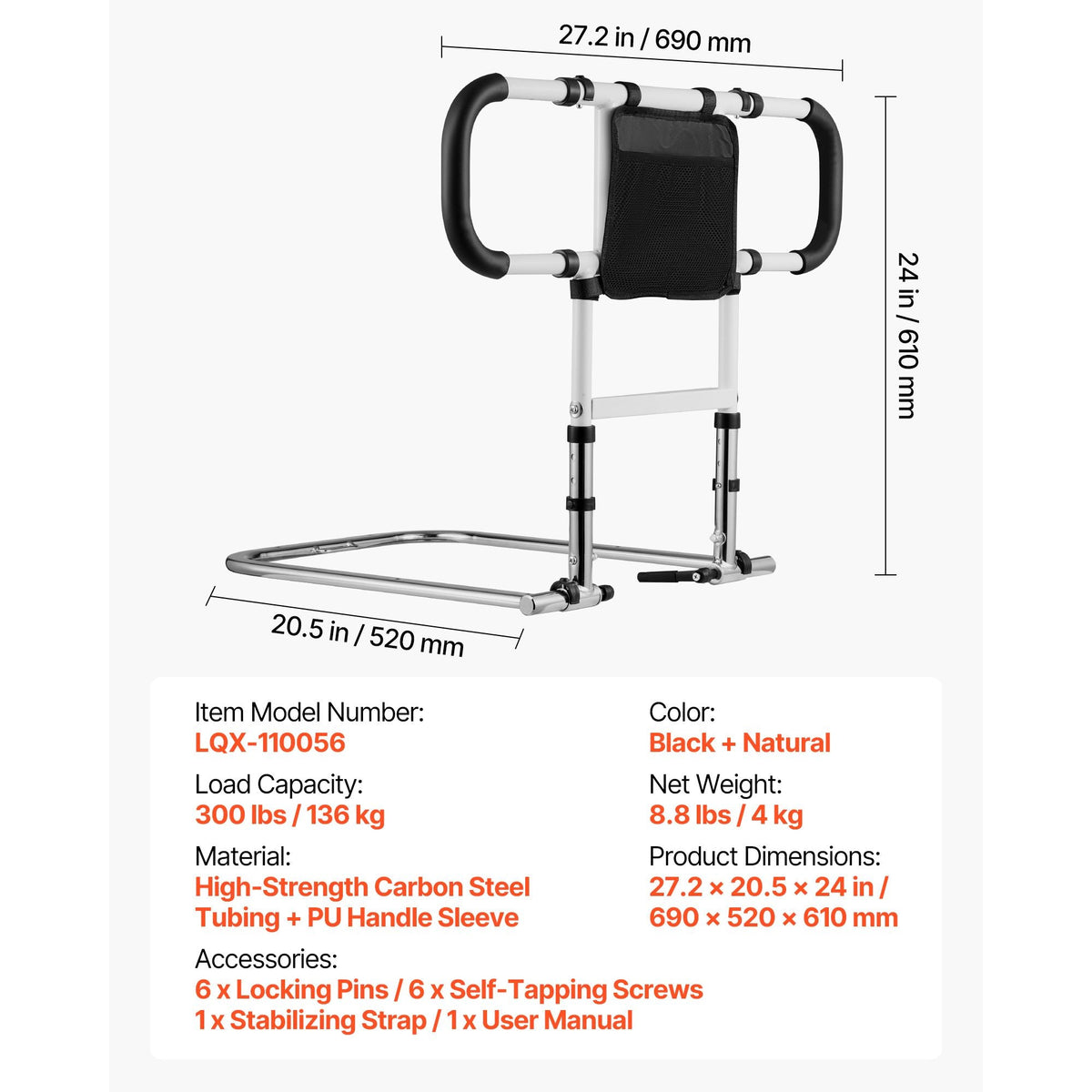 Bed Rail for Elderly, Foldable & Extendable Bedside Assist Rail with Side Handles & PU Handrail, Adjustable Height Carbon Steel Pipe Bedside Cane, Senior Bed Bar Fits King, Queen, Full, Twin