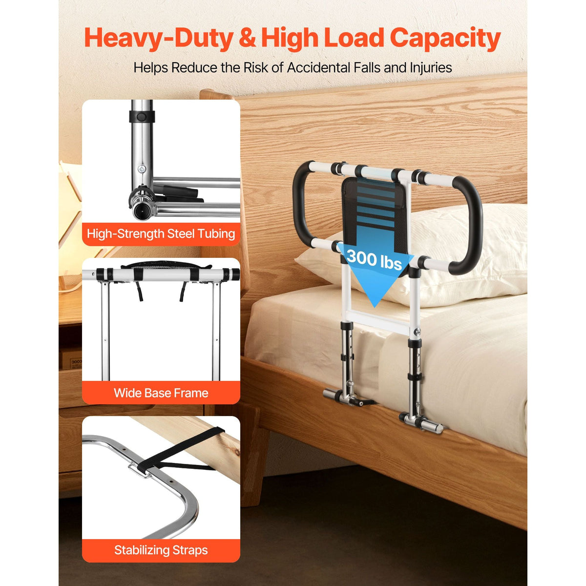 Bed Rail for Elderly, Foldable & Extendable Bedside Assist Rail with Side Handles & PU Handrail, Adjustable Height Carbon Steel Pipe Bedside Cane, Senior Bed Bar Fits King, Queen, Full, Twin