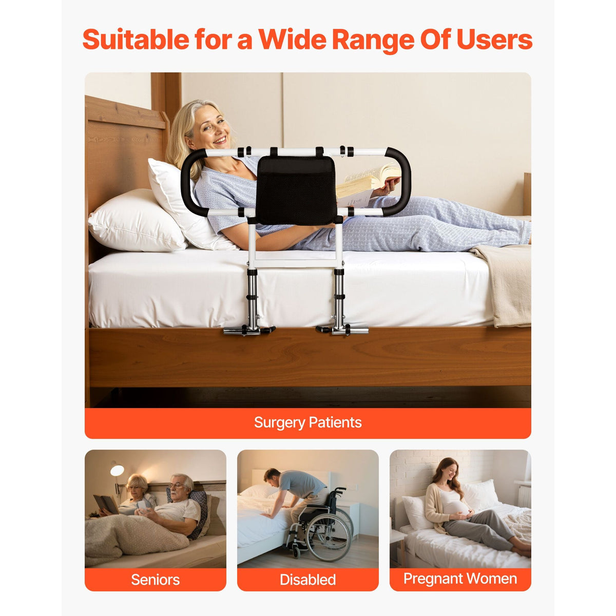 Bed Rail for Elderly, Foldable & Extendable Bedside Assist Rail with Side Handles & PU Handrail, Adjustable Height Carbon Steel Pipe Bedside Cane, Senior Bed Bar Fits King, Queen, Full, Twin