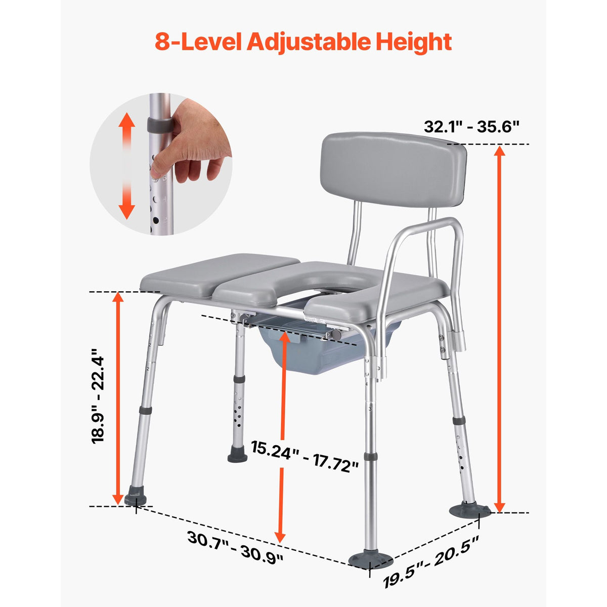 Bedside Commode Chair, 500 lbs Weight Capacity, 4-in-1 Portable Toilet and Raised Toilet Seat with Padded Seat and Backrest, Detachable 5L Bucket, Adjustable Height Adult Potty Chair for Seniors