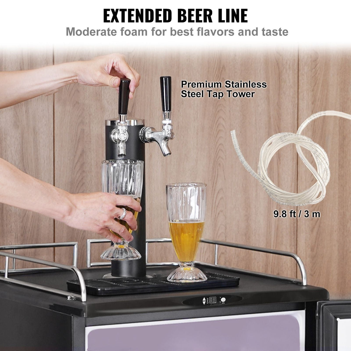 Beer Kegerator, Dual Tap Draft Beer Dispenser, CO2 Cylinder, Drip Tray & Rail, 32 Fahrenheit - 75.2 Fahrenheit Temperature Control, Holds 1/6, 1/4, 1/2 Barrels, Black