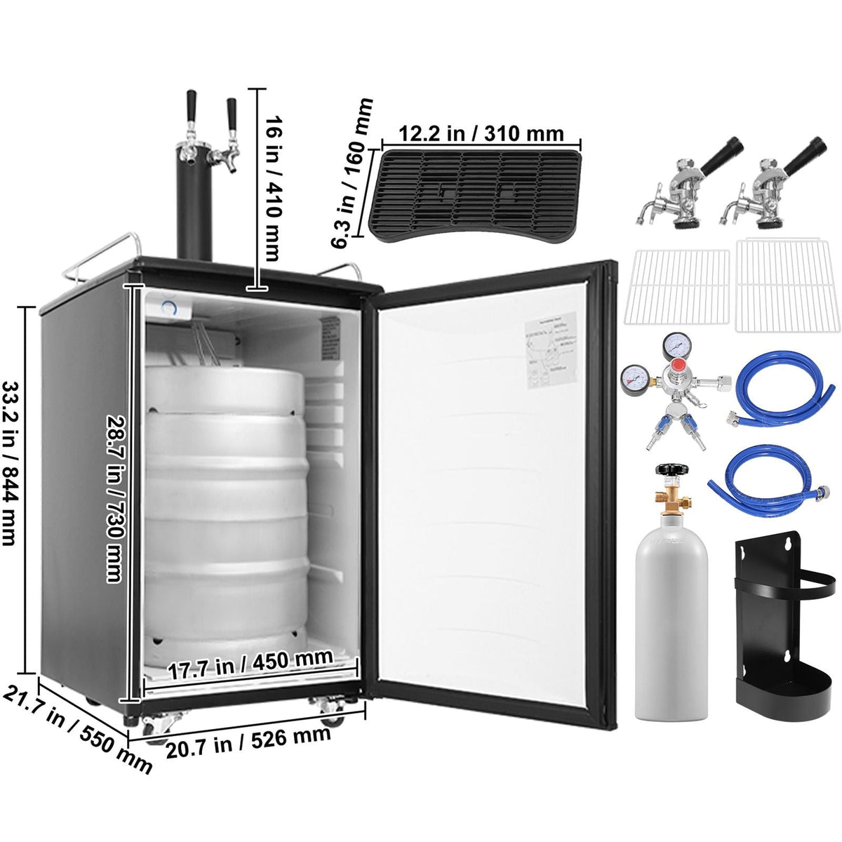 Beer Kegerator, Dual Tap Draft Beer Dispenser, Full Size Keg Refrigerator with CO2 Cylinder, Shelves, Drip Tray & Rail, 32 - 50 Fahrenheit Temperature Control, Hold 1/6, 1/4, 1/2 Barrels, Black