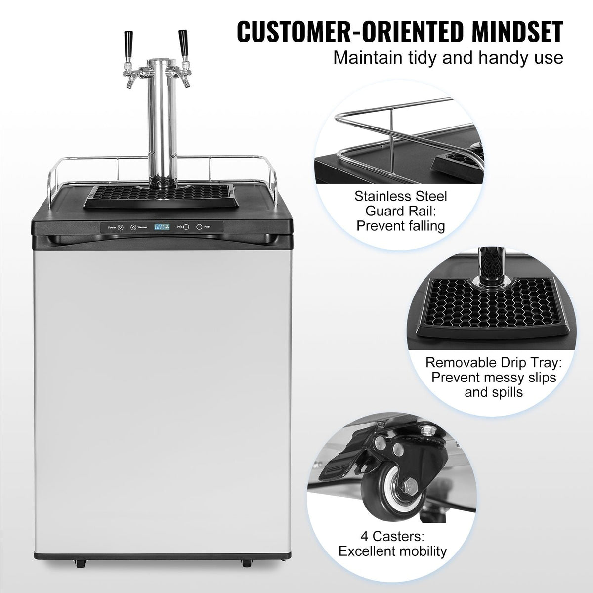 Beer Kegerator, Dual Tap Draft Beer Dispenser, Full Size Keg Refrigerator With Shelf, CO2 Tank(No Gas), Drip Tray & Rail, 23 Fahrenheit - 82.4 Fahrenheit Temperature Control, 162L, Silver