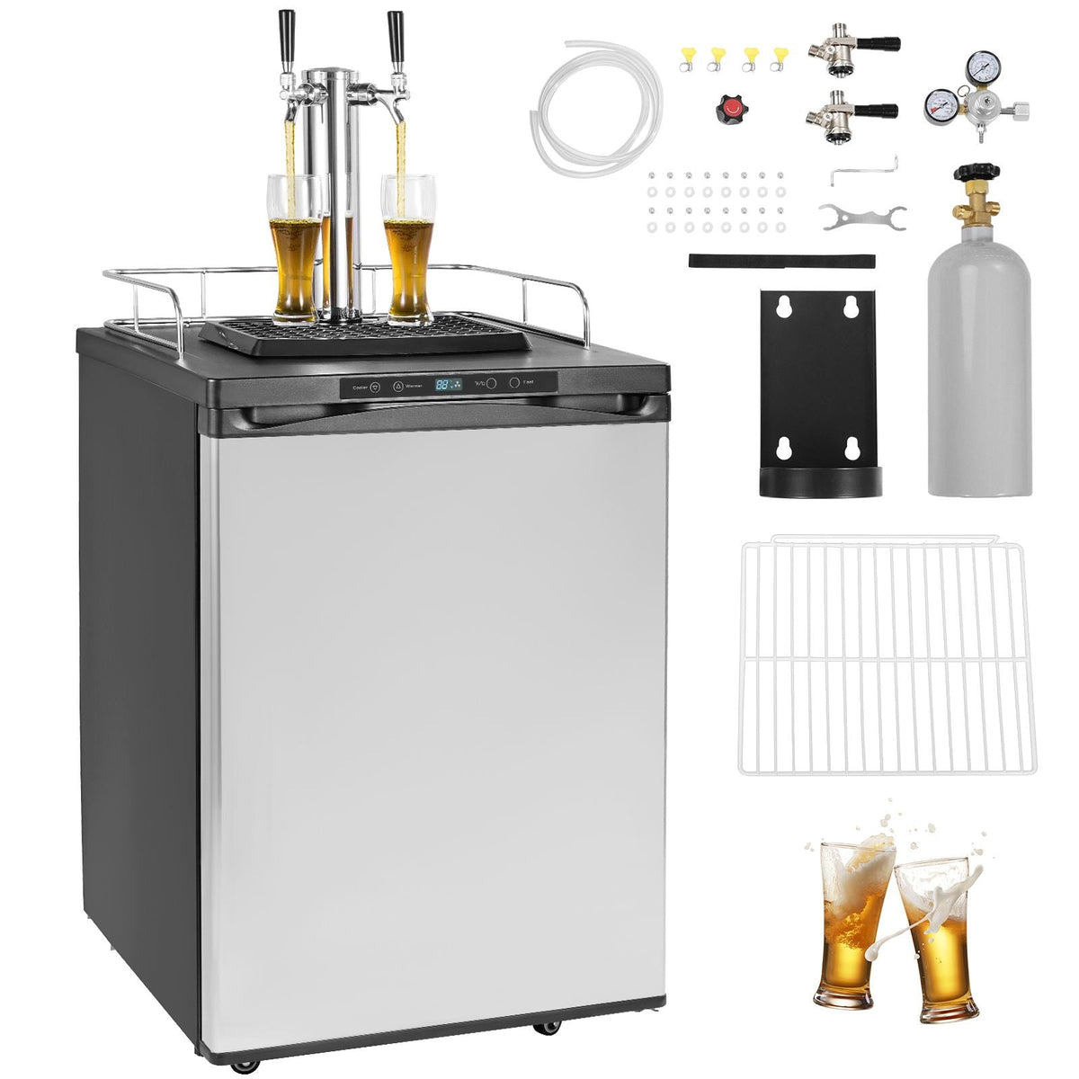 Beer Kegerator, Dual Tap Draft Beer Dispenser, Full Size Keg Refrigerator With Shelf, CO2 Tank(No Gas), Drip Tray & Rail, 23 Fahrenheit - 82.4 Fahrenheit Temperature Control, 162L, Silver