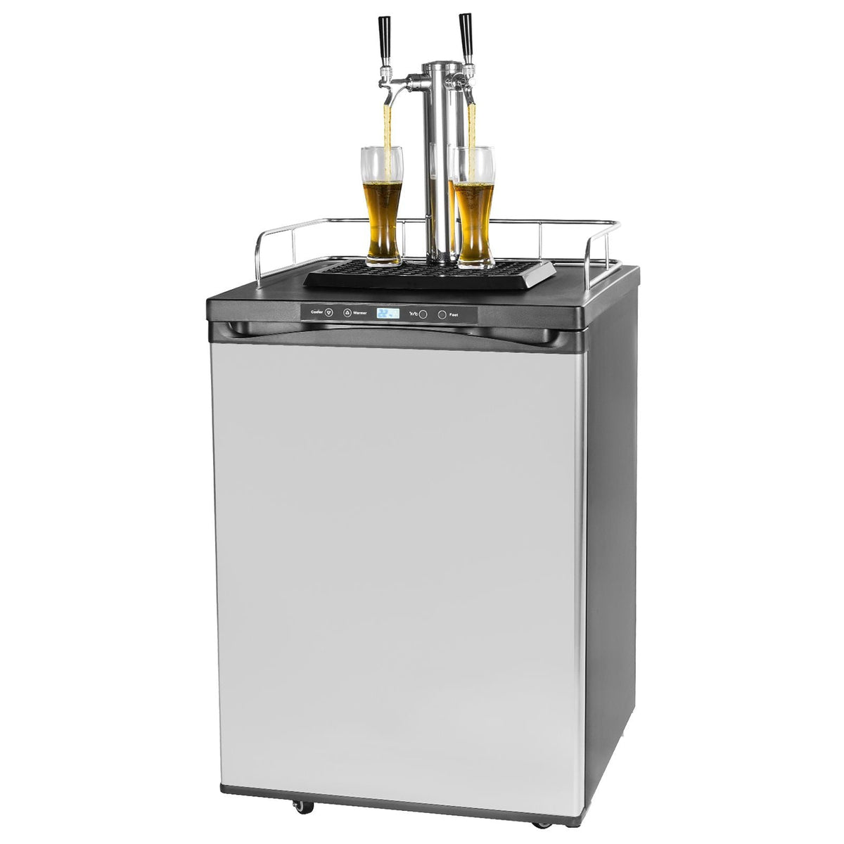 Beer Kegerator, Dual Tap Draft Beer Dispenser, Full Size Keg Refrigerator With Shelf, CO2 Tank(No Gas), Drip Tray & Rail, 23 Fahrenheit - 82.4 Fahrenheit Temperature Control, 162L, Silver