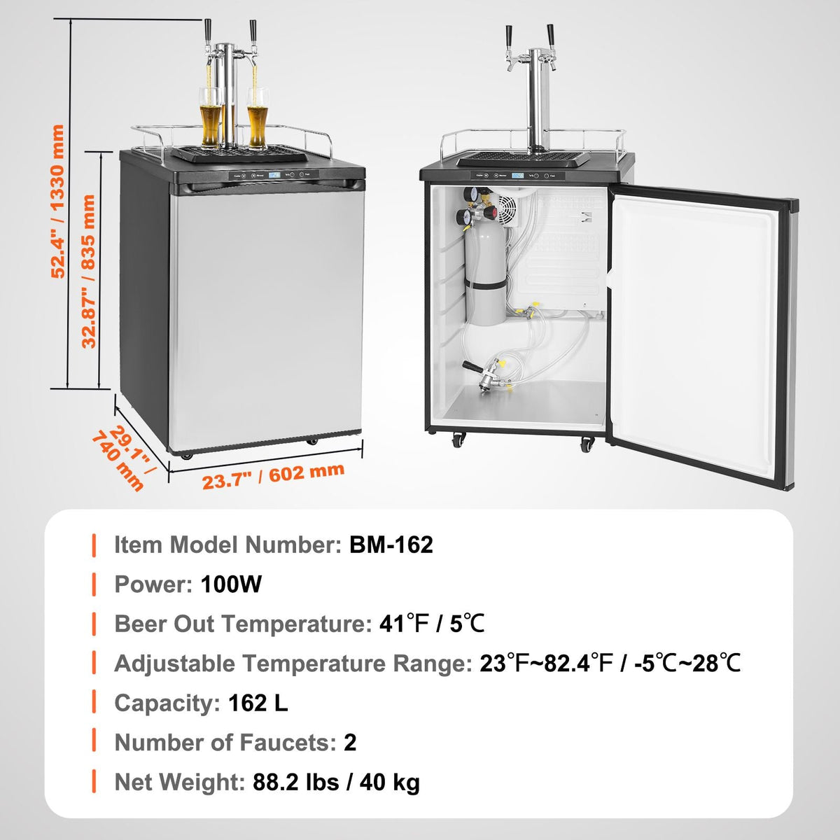 Beer Kegerator, Dual Tap Draft Beer Dispenser, Full Size Keg Refrigerator With Shelf, CO2 Tank(No Gas), Drip Tray & Rail, 23 Fahrenheit - 82.4 Fahrenheit Temperature Control, 162L, Silver