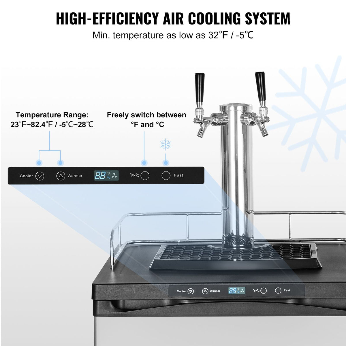 Beer Kegerator, Dual Tap Draft Beer Dispenser, Full Size Keg Refrigerator With Shelf, CO2 Tank(No Gas), Drip Tray & Rail, 23 Fahrenheit - 82.4 Fahrenheit Temperature Control, 162L, Silver