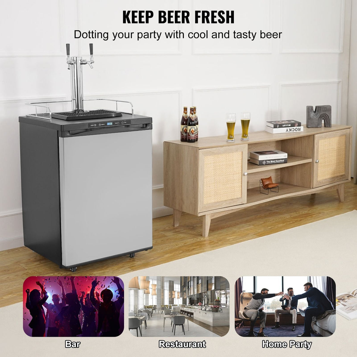 Beer Kegerator, Dual Tap Draft Beer Dispenser, Full Size Keg Refrigerator With Shelf, CO2 Tank(No Gas), Drip Tray & Rail, 23 Fahrenheit - 82.4 Fahrenheit Temperature Control, 162L, Silver