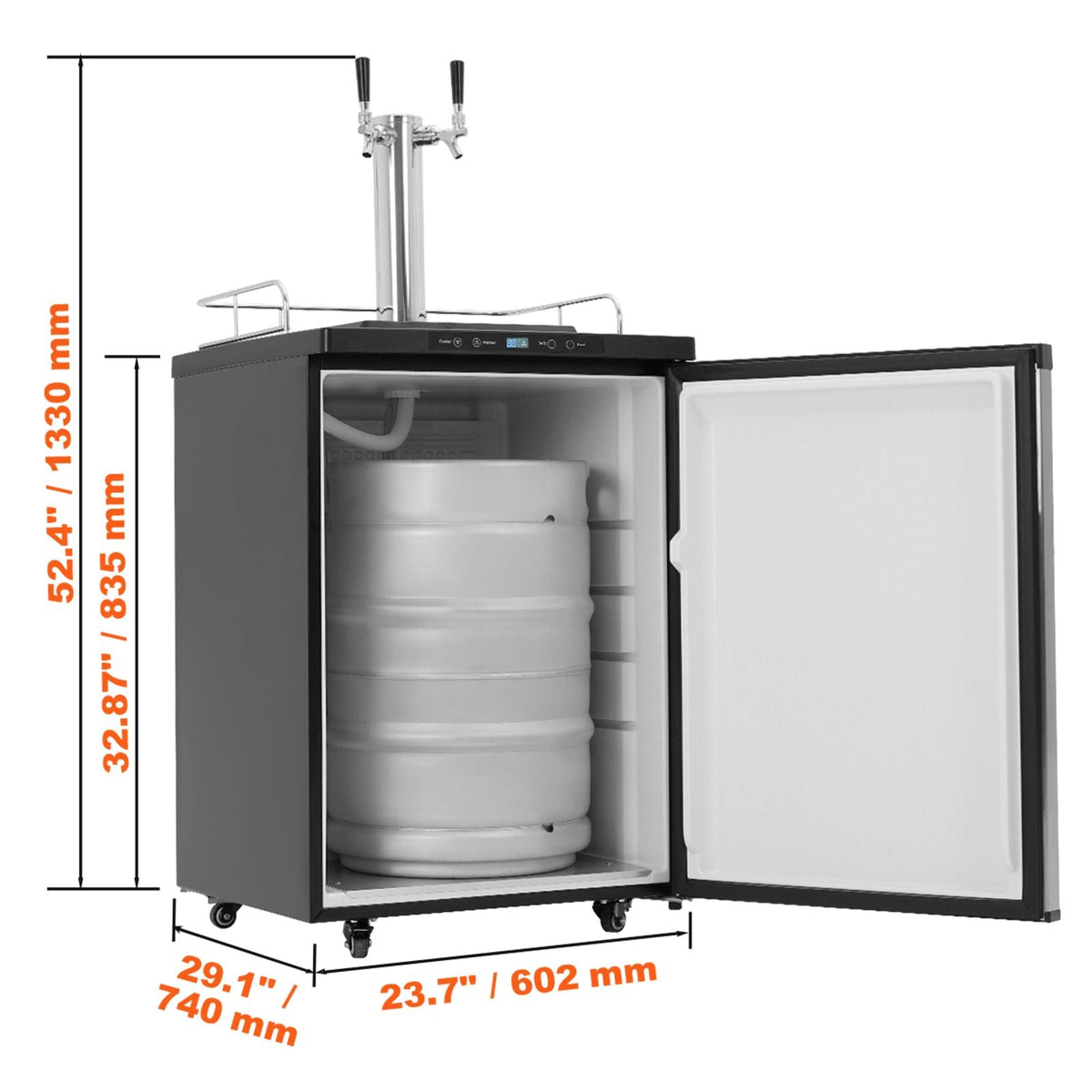 Beer Kegerator, Dual Tap Draft Beer Dispenser, Full Size Keg Refrigerator With Shelf, CO2 Tank(No Gas), Drip Tray & Rail, 23 Fahrenheit - 82.4 Fahrenheit Temperature Control, 162L, Silver