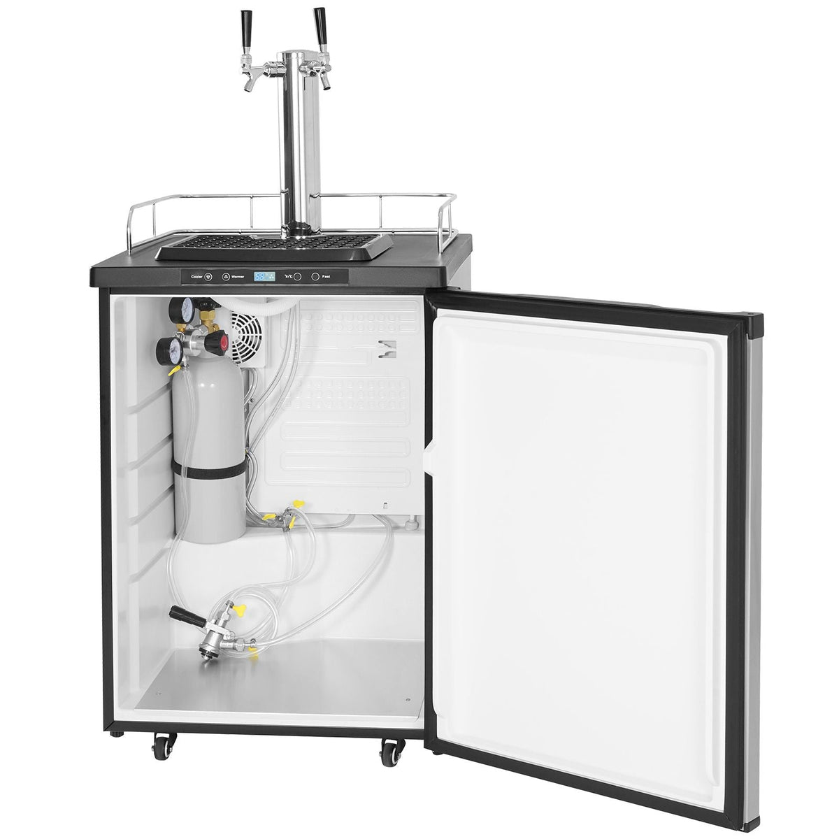 Beer Kegerator, Dual Tap Draft Beer Dispenser, Full Size Keg Refrigerator With Shelf, CO2 Tank(No Gas), Drip Tray & Rail, 23 Fahrenheit - 82.4 Fahrenheit Temperature Control, 162L, Silver