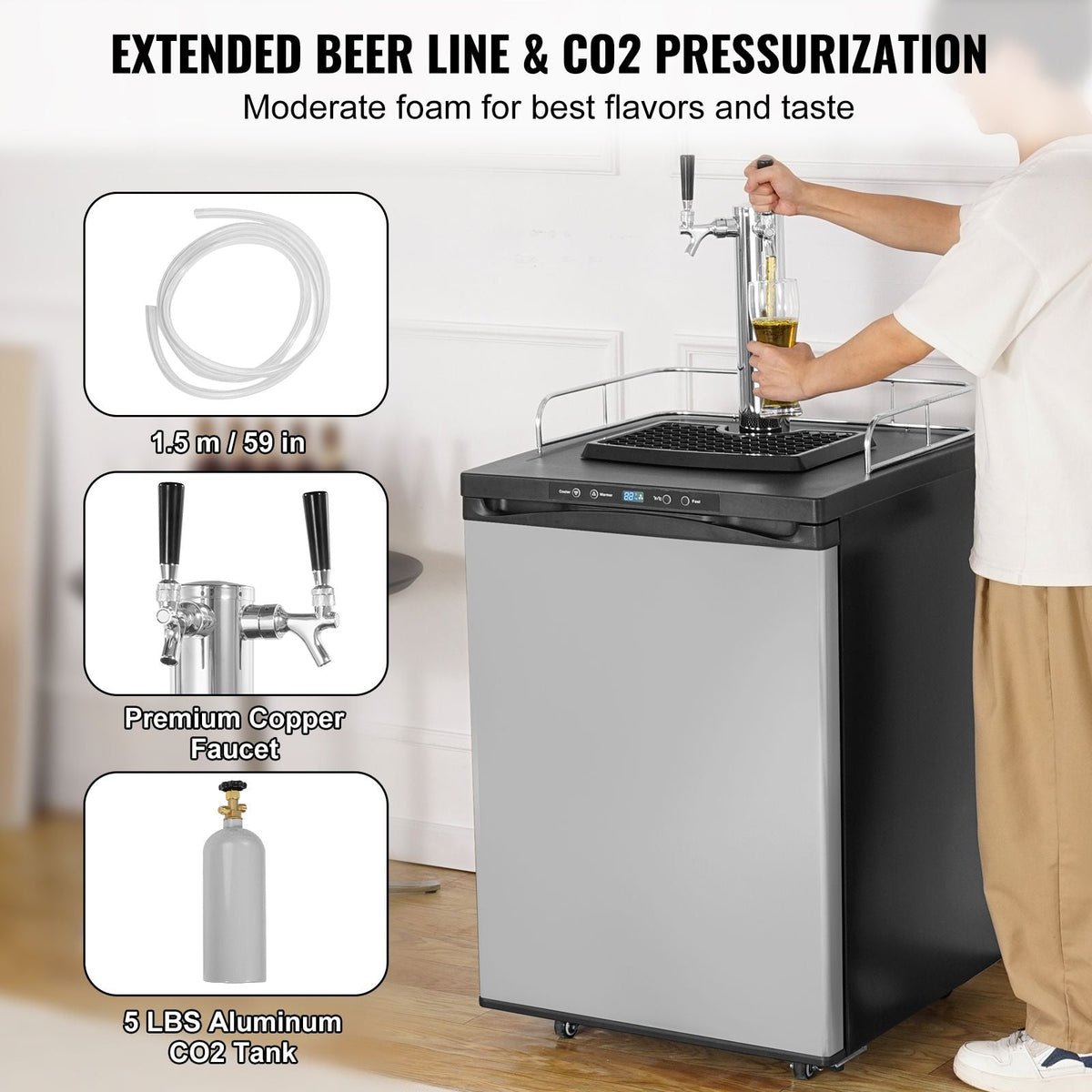 Beer Kegerator, Dual Tap Draft Beer Dispenser, Full Size Keg Refrigerator With Shelf, CO2 Tank(No Gas), Drip Tray & Rail, 23 Fahrenheit - 82.4 Fahrenheit Temperature Control, 162L, Silver