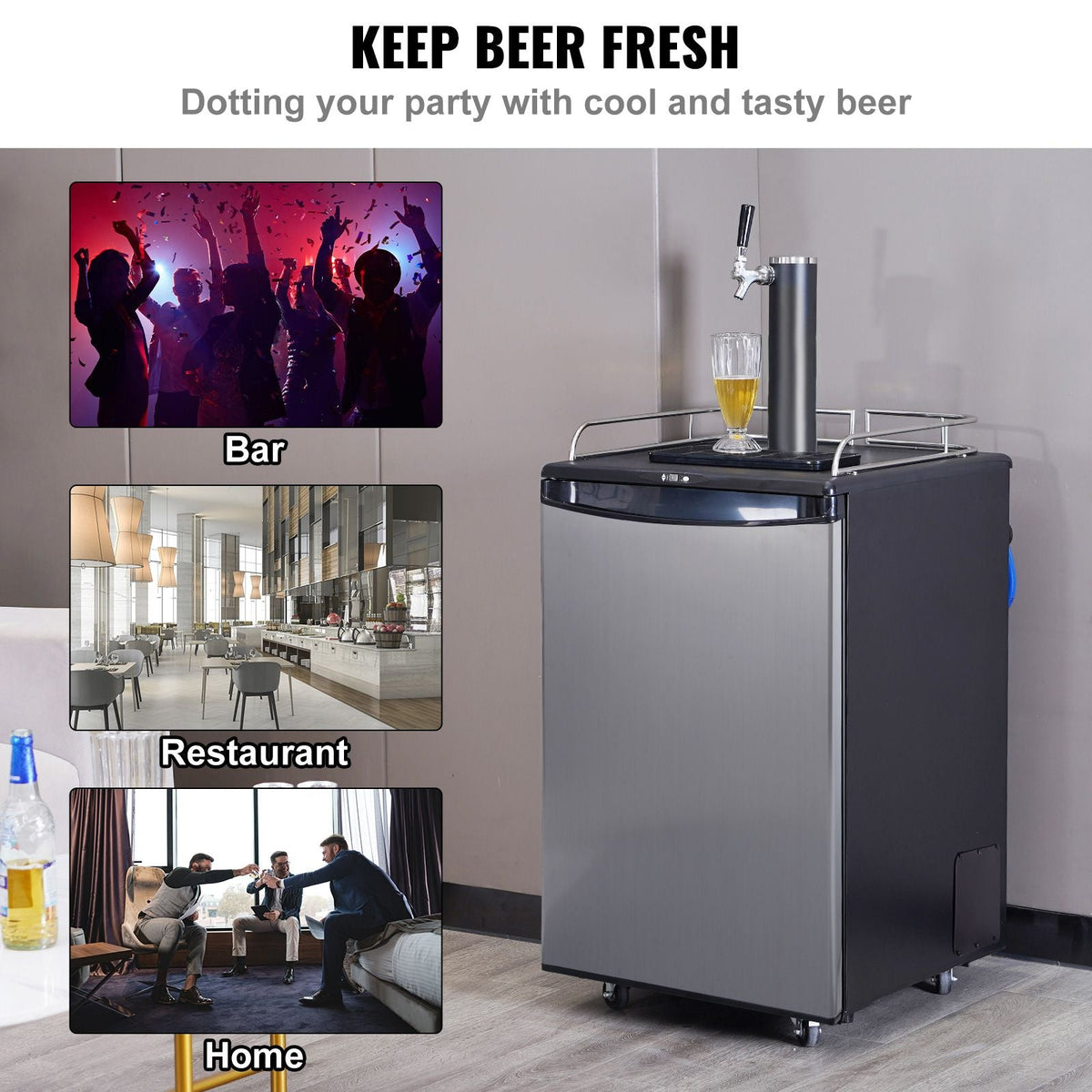 Beer Kegerator, Single Tap Draft Beer Dispenser, CO2 Cylinder, Drip Tray & Rail, 32 Fahrenheit - 75.2 Fahrenheit Temperature Control, Holds 1/6, 1/4, 1/2 Barrels, Silver