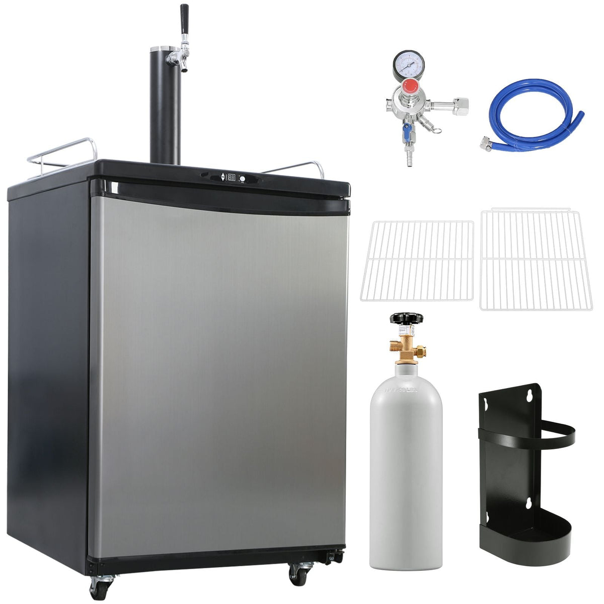 Beer Kegerator, Single Tap Draft Beer Dispenser, CO2 Cylinder, Drip Tray & Rail, 32 Fahrenheit - 75.2 Fahrenheit Temperature Control, Holds 1/6, 1/4, 1/2 Barrels, Silver
