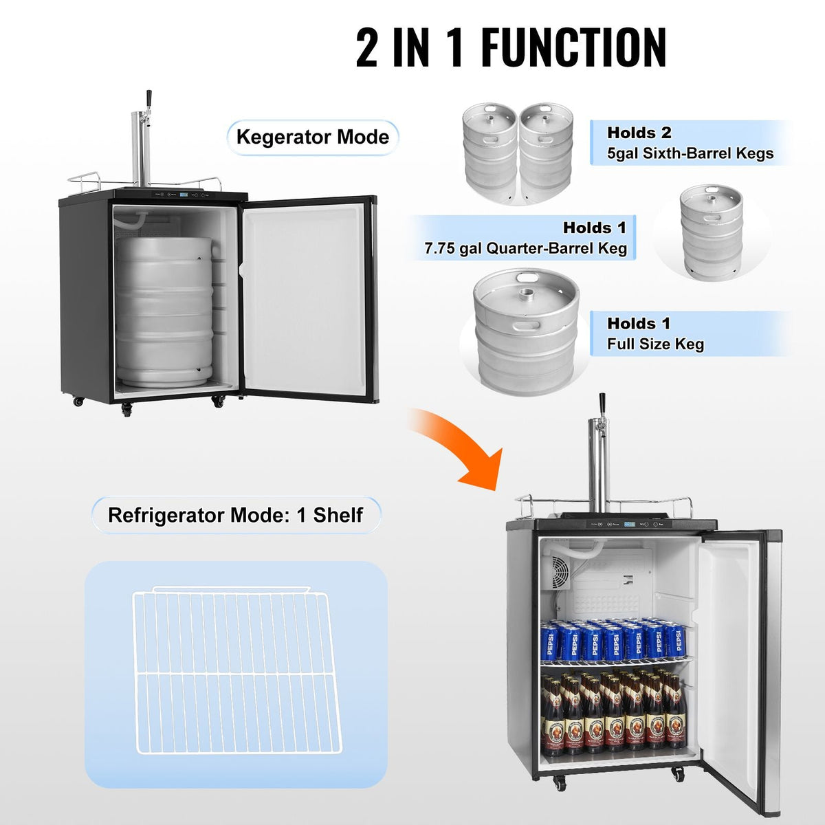 Beer Kegerator, Single Tap Draft Beer Dispenser, Full Size Keg Refrigerator With Shelf, CO2 Tank(No Gas), Drip Tray & Rail, 23 Fahrenheit - 82.4 Fahrenheit Temperature Control, 162L, Silver