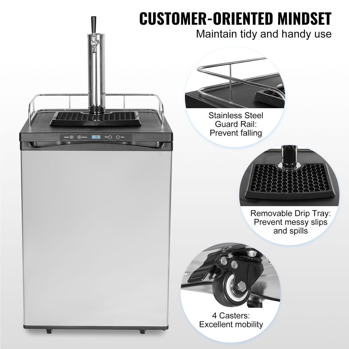 Beer Kegerator, Single Tap Draft Beer Dispenser, Full Size Keg Refrigerator With Shelf, CO2 Tank(No Gas), Drip Tray & Rail, 23 Fahrenheit - 82.4 Fahrenheit Temperature Control, 162L, Silver