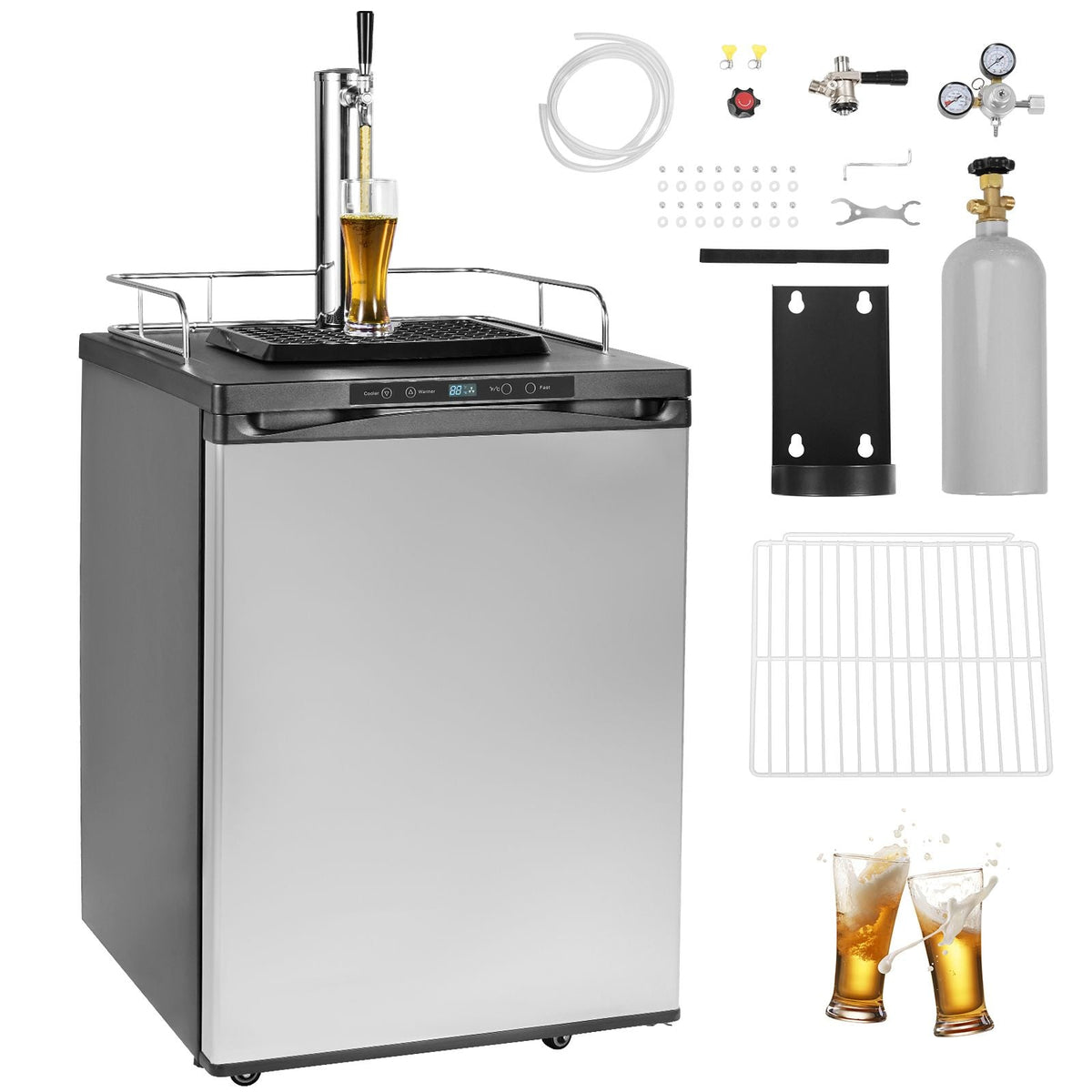 Beer Kegerator, Single Tap Draft Beer Dispenser, Full Size Keg Refrigerator With Shelf, CO2 Tank(No Gas), Drip Tray & Rail, 23 Fahrenheit - 82.4 Fahrenheit Temperature Control, 162L, Silver