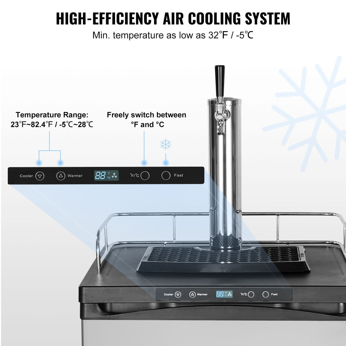Beer Kegerator, Single Tap Draft Beer Dispenser, Full Size Keg Refrigerator With Shelf, CO2 Tank(No Gas), Drip Tray & Rail, 23 Fahrenheit - 82.4 Fahrenheit Temperature Control, 162L, Silver