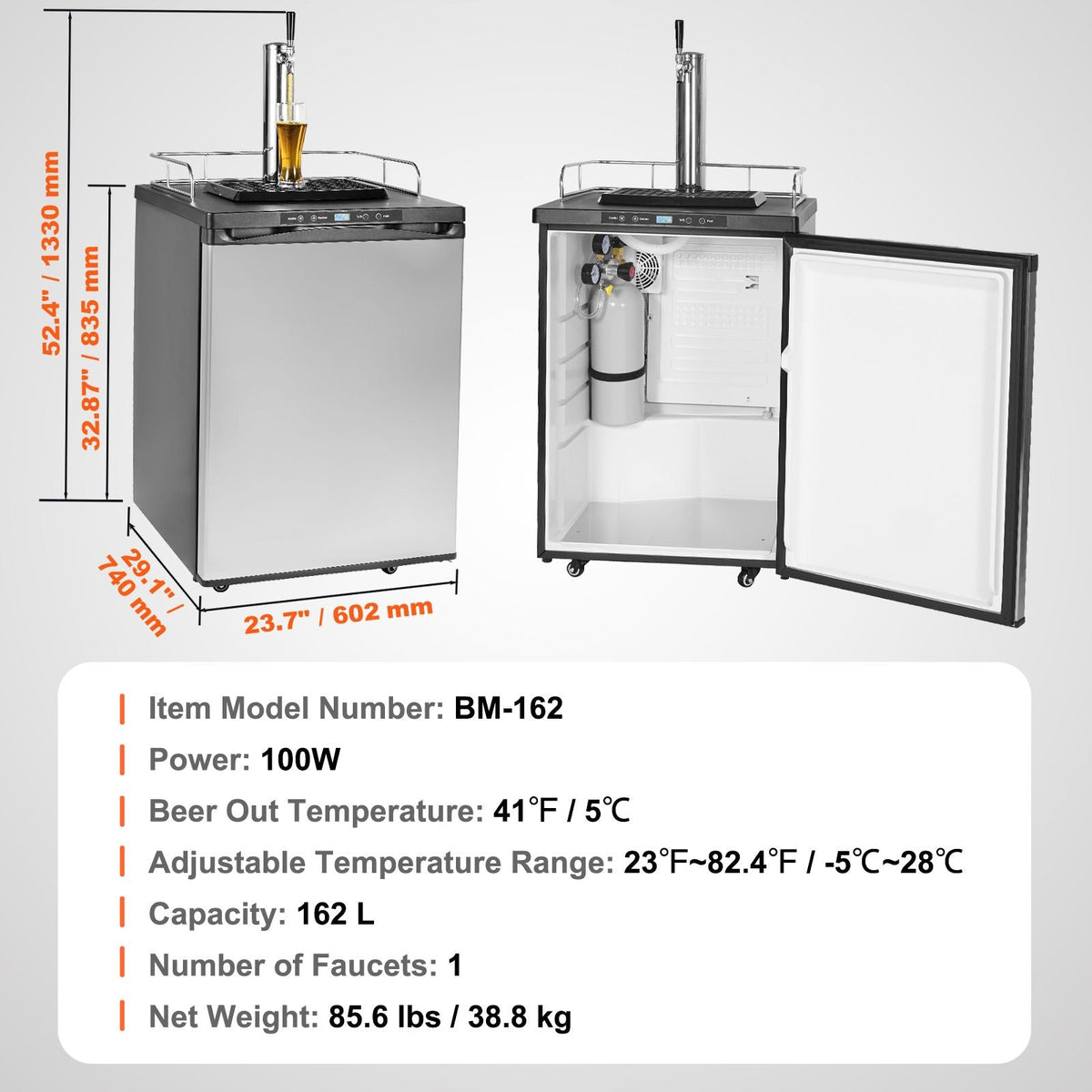Beer Kegerator, Single Tap Draft Beer Dispenser, Full Size Keg Refrigerator With Shelf, CO2 Tank(No Gas), Drip Tray & Rail, 23 Fahrenheit - 82.4 Fahrenheit Temperature Control, 162L, Silver