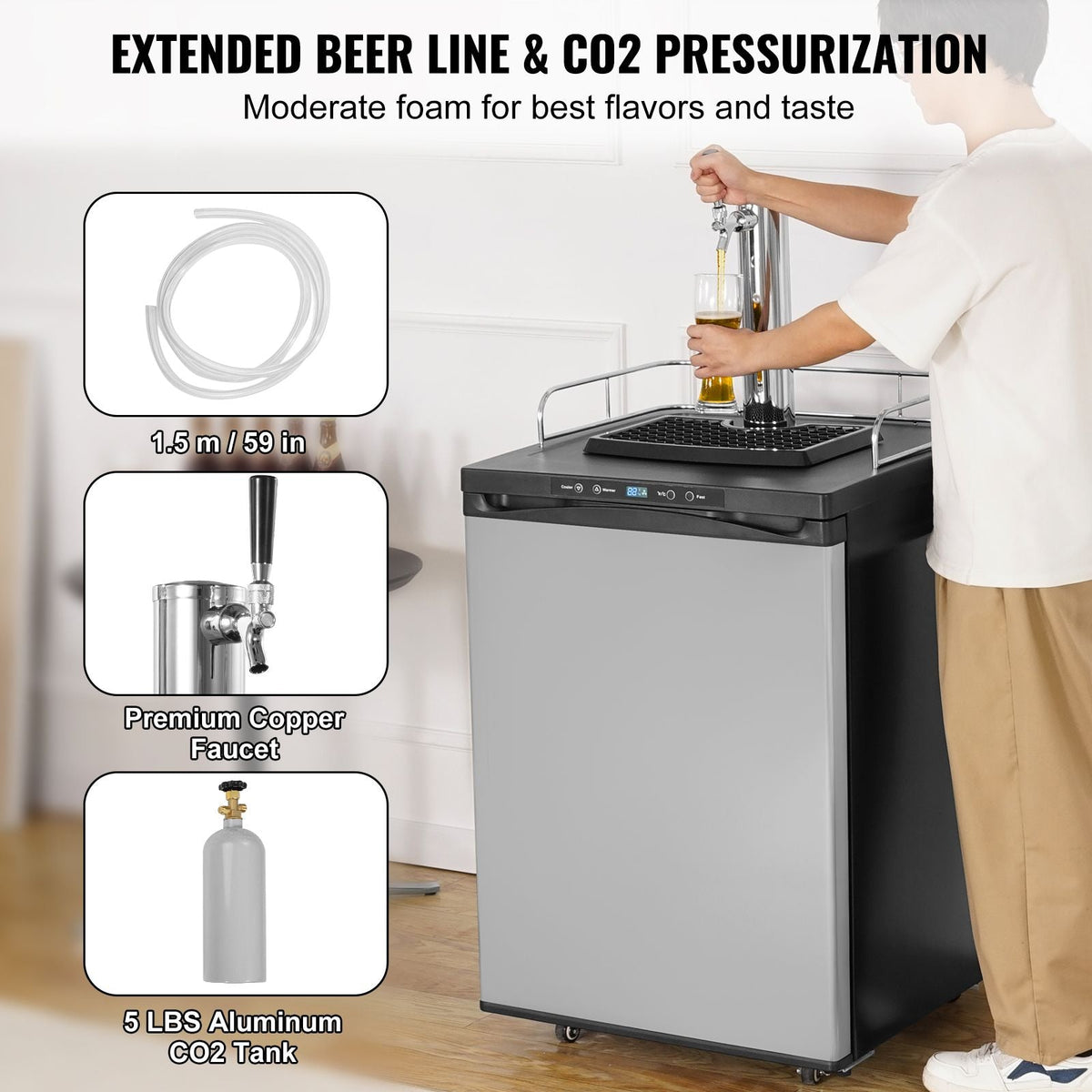 Beer Kegerator, Single Tap Draft Beer Dispenser, Full Size Keg Refrigerator With Shelf, CO2 Tank(No Gas), Drip Tray & Rail, 23 Fahrenheit - 82.4 Fahrenheit Temperature Control, 162L, Silver