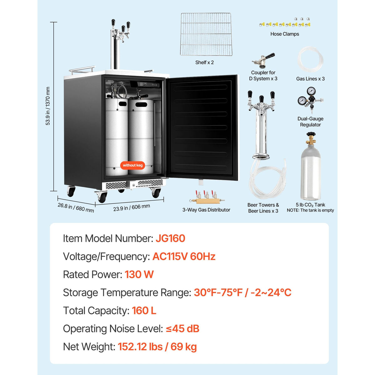 Beer Kegerator, Triple Tap Commercial Draft Beer Dispenser for D system, Full Size Keg Refrigerator with 5lbs CO2 Tank, Hold 3 Sixth / 2 Slim / 3 Ball lock keg, 160L