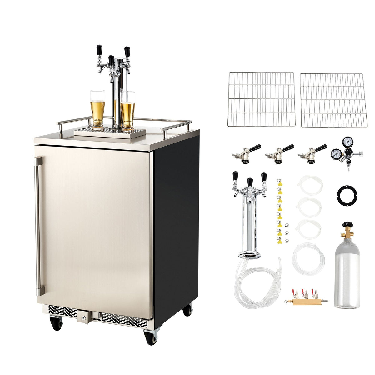 Beer Kegerator, Triple Tap Commercial Draft Beer Dispenser for D system, Full Size Keg Refrigerator with 5lbs CO2 Tank, Hold 3 Sixth / 2 Slim / 3 Ball lock keg, 160L