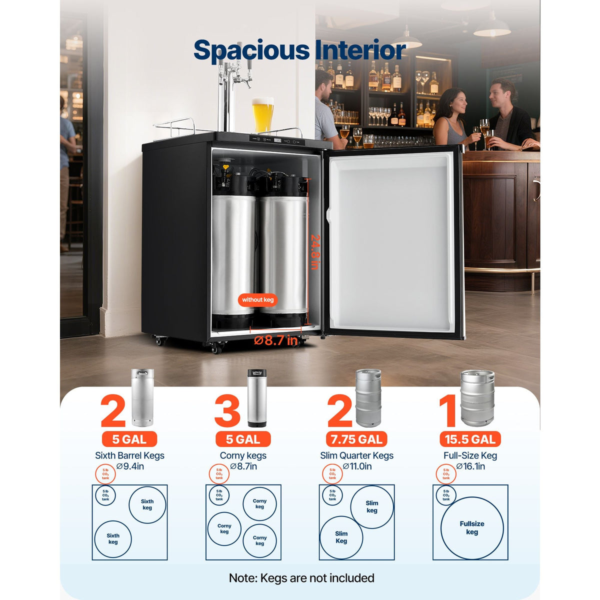 Beer Kegerator, Triple Tap Home Draft Beer Dispenser for Ball Lock, Full Size Keg Refrigerator with 5lbs CO2 Tank, Hold 2 Sixth / 2 Slim / 3 Ball lock keg, 162L