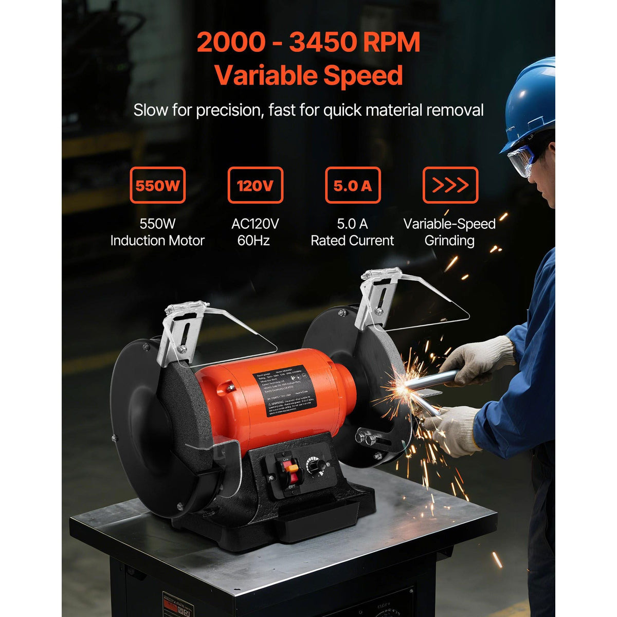 Bench Grinder, 8-inch Variable Speed Bench Grinder, 2000-3450RPM Table Grinders with 550W 5.0A Induction Motor, 36/60-Grit Grinding Wheel & Adjustable Eye Shield for Sharpening Grinding