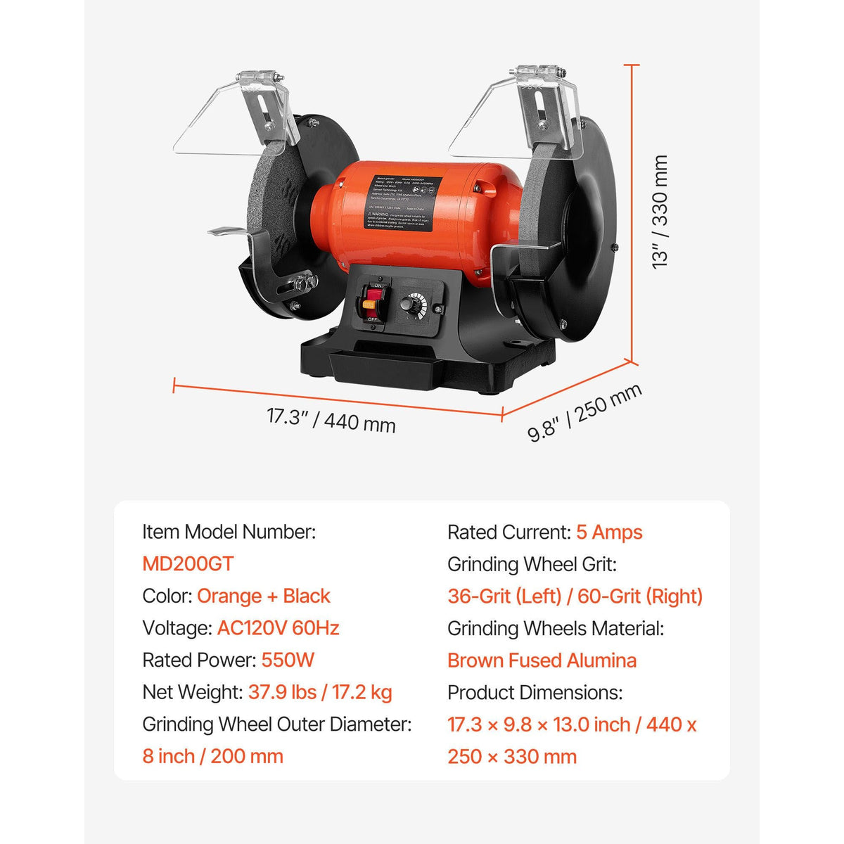 Bench Grinder, 8-inch Variable Speed Bench Grinder, 2000-3450RPM Table Grinders with 550W 5.0A Induction Motor, 36/60-Grit Grinding Wheel & Adjustable Eye Shield for Sharpening Grinding