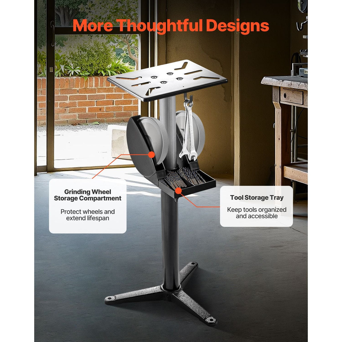 Bench Grinder Stand, Bench Grinder Vise Floor Pedestal with 12" x 10" Mounting Plate, 5-Level Height Adjustable Pedestal Stand with Grinding Wheel Storage Compartment & Heavy-Duty Cast Iron Base