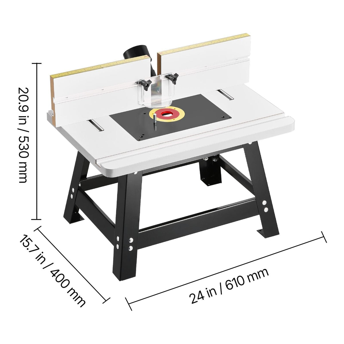 Benchtop Router Table, 24 in x 15.7 in, Bench Top Routing Table with Adjustable Fence, MDF Top, Sturdy Metal Base, 2-1/2 in Dust Collection Port, Compatible with Routes & Various Drill Bits