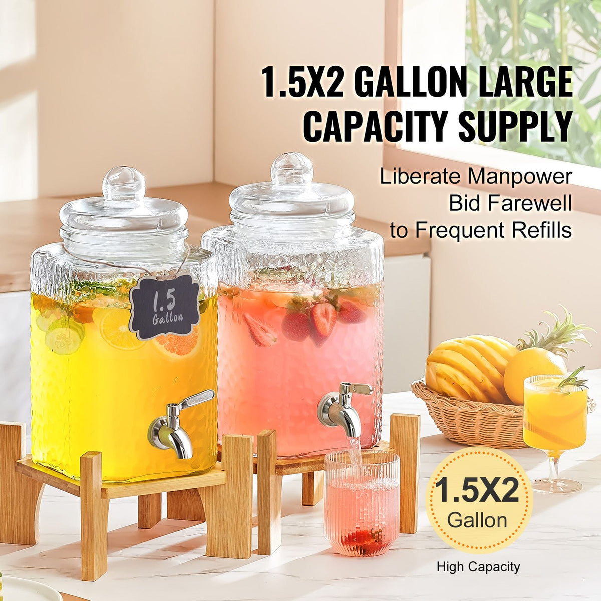 Beverage Dispenser, 1.5 Gallon Drink Dispensers for Parties,2PC,Glass Juice Dispenser with Stand, Stainless Steel Spigot, Iced Tea Lemonade Juice Water Dispenser, for Restaurants, Hotels, Partie