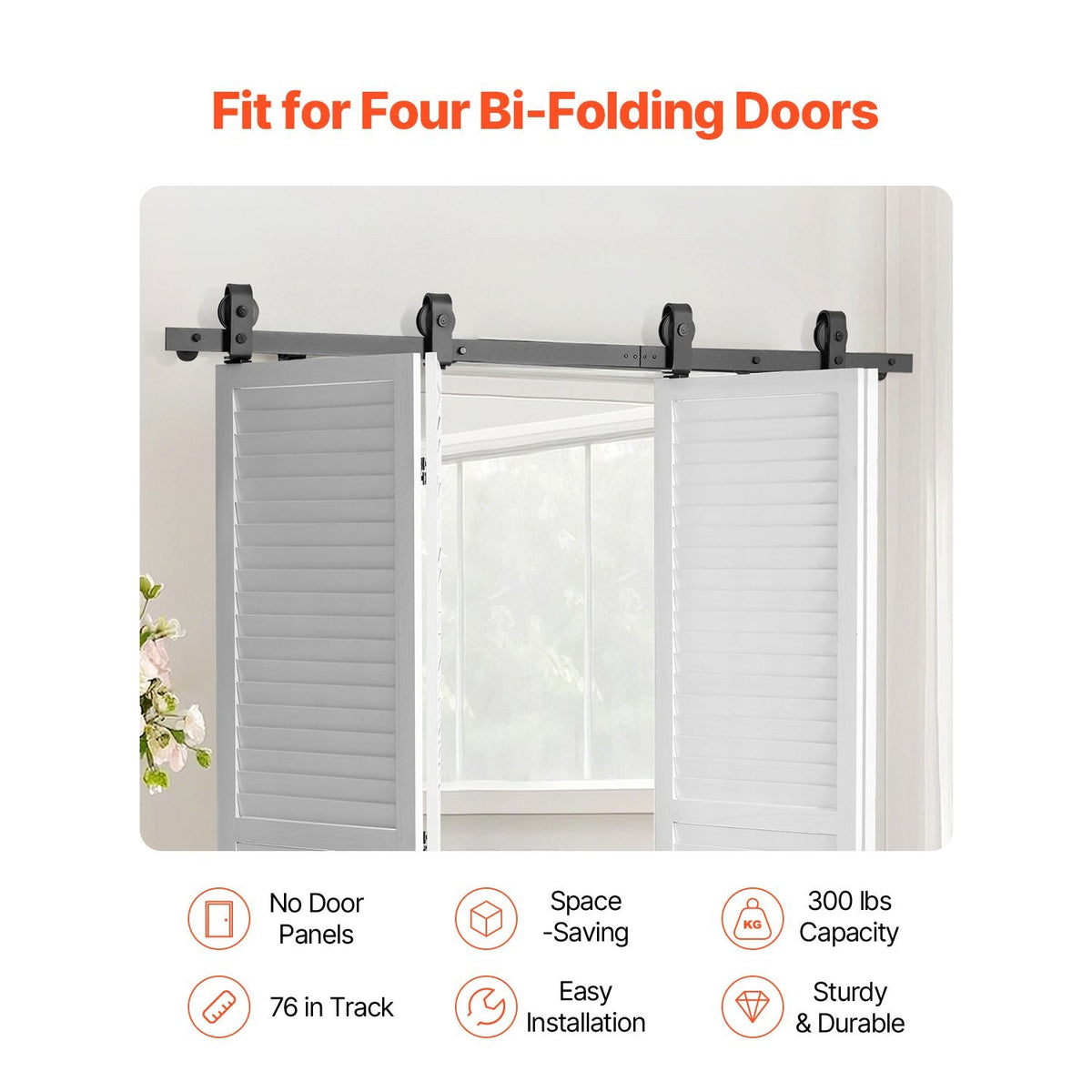 Bi-Folding Sliding Barn Door Hardware Track Kit, 76" Top Mount Track Kit, Slide Smoothly & Quietly, Heavy Duty, Easy to Install, Suitable for Four 18" Closet Pantry Laundry Doors (Not Included)