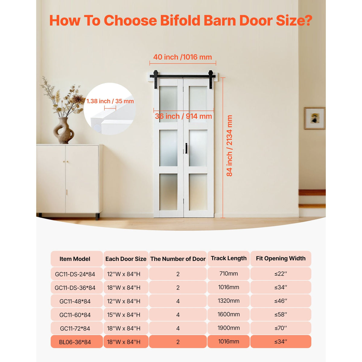 Bifold Barn Door, 36" x 84", MDF with Tempered Glass Bi-Fold Sliding Closet Doors, Hardware Kit Included, Space-Saving Design, Pre-Assembled Panels for Bedroom, Living Room, Wardrobe, White