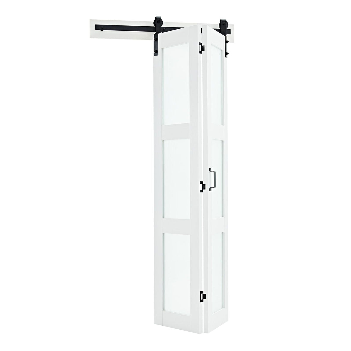 Bifold Barn Door, 36" x 84", MDF with Tempered Glass Bi-Fold Sliding Closet Doors, Hardware Kit Included, Space-Saving Design, Pre-Assembled Panels for Bedroom, Living Room, Wardrobe, White
