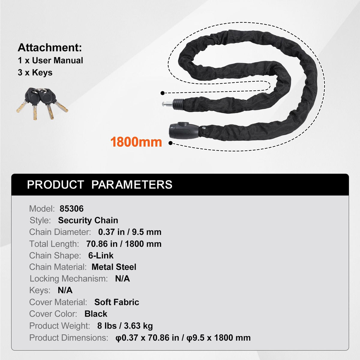 Bike Chain Lock, 5.91 Ft Combination Bicycle Chain Lock with 4 Keys, Heavy Duty Anti-Theft High Security Bike Locks, Perfect for Bike, Motorcycle, Scooter, Bicycle, Door, Fence or Gate, 10mm