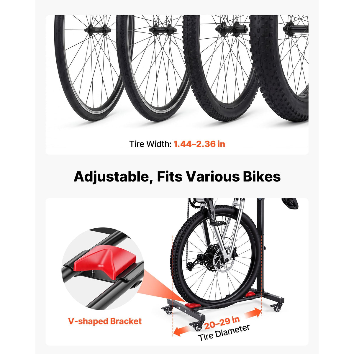 Bike Stand 2 Pack, Freestanding Vertical & Horizontal Bike Storage Rack, with Lockable Casters, Height Adjustable Carbon Steel Upright Garage Bicycle Floor Stand, for 20-29 in Wheels, Black