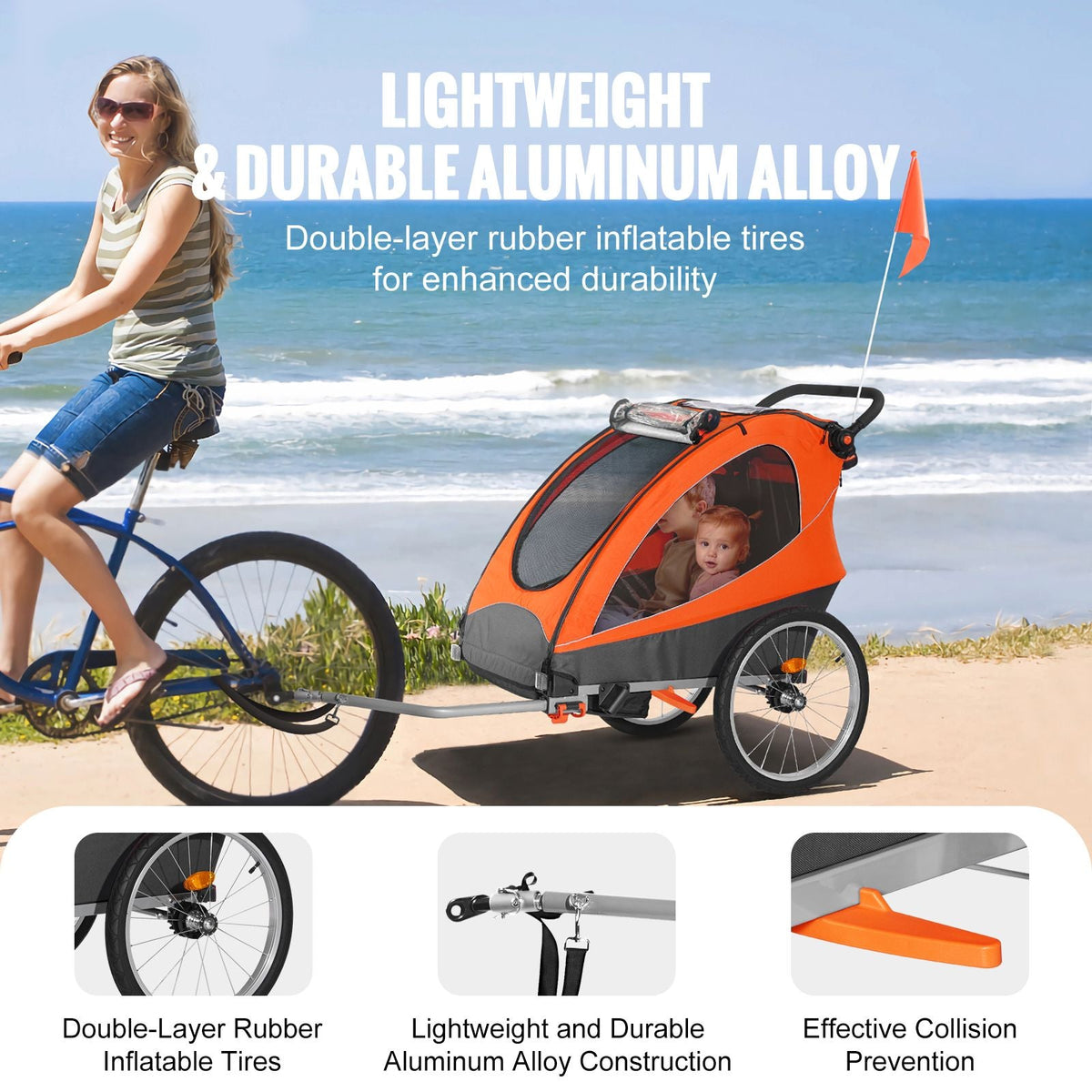 Bike Trailer for Toddlers, Kids, Double Seat, 100 lbs Load, 2-In-1 Canopy Carrier Converts to Stroller, Tow Behind Foldable Child Bicycle Trailer with Universal Bicycle Coupler, Orange and Gray
